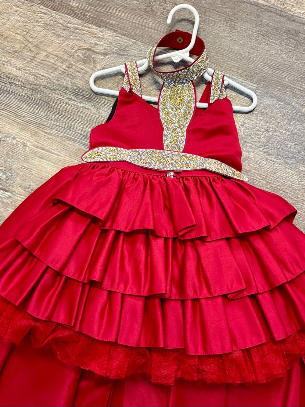 Red Layered Ruffled Pageant Dress with Gold Embellishment in